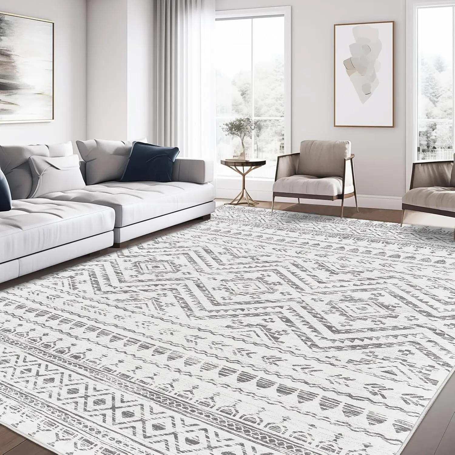 Modern Geometric Washable Rug | Soft Low Pile Area Carpet for Cozy Living Room & Bedroom Makeover