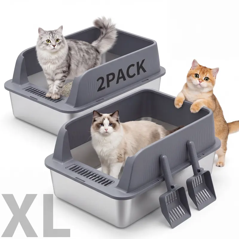 2 Pack Stainless Steel Cat Litter Box | Extra Large High-Wall Metal Litter Pan with Scoop, Easy Clean Design for Multi-Cat Homes
