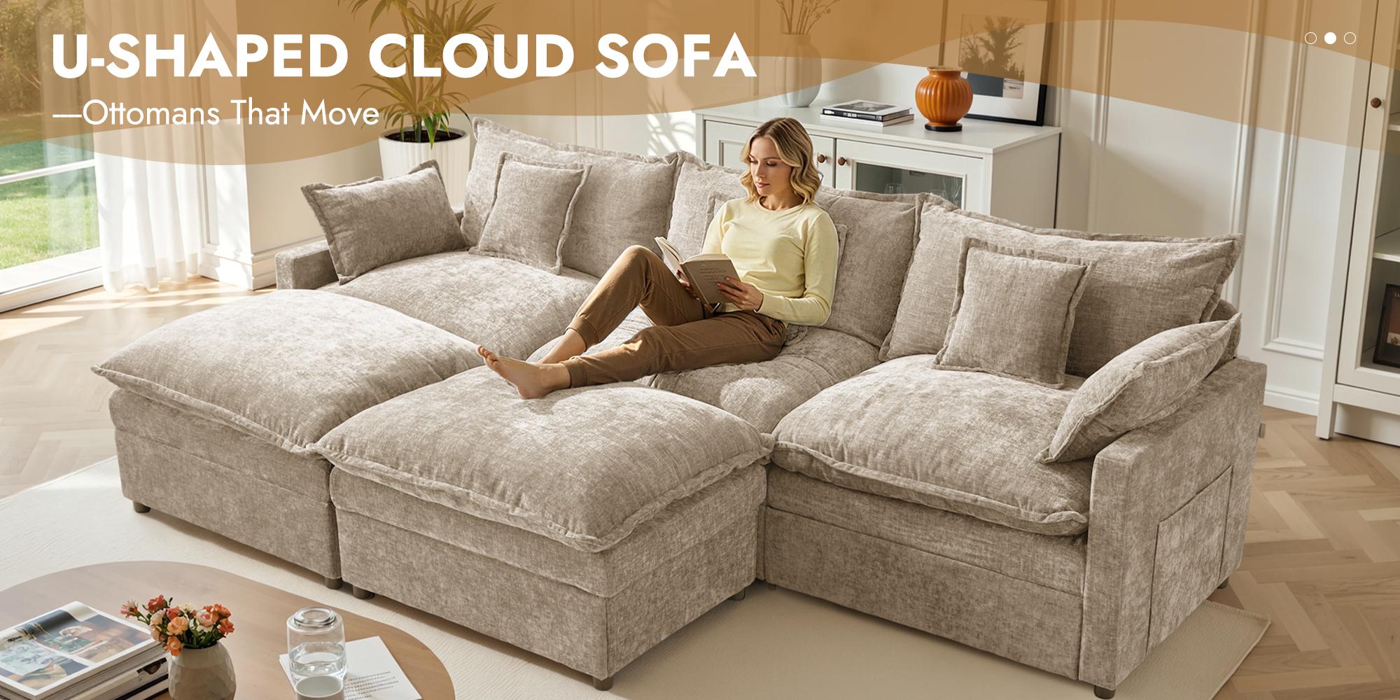 CAODOC 108&rdquo; U-Shaped Modular Sectional Sofa with 2 Movable Ottomans, Comfy Cloud 3-Seater Deep-Seat Chenille Couch, Furniture for Room, Breathable Fabric, Thick Cushions, Solid Wood Frame, Storage Pockets, Pet-Friendly, Multi-Package Shipping
