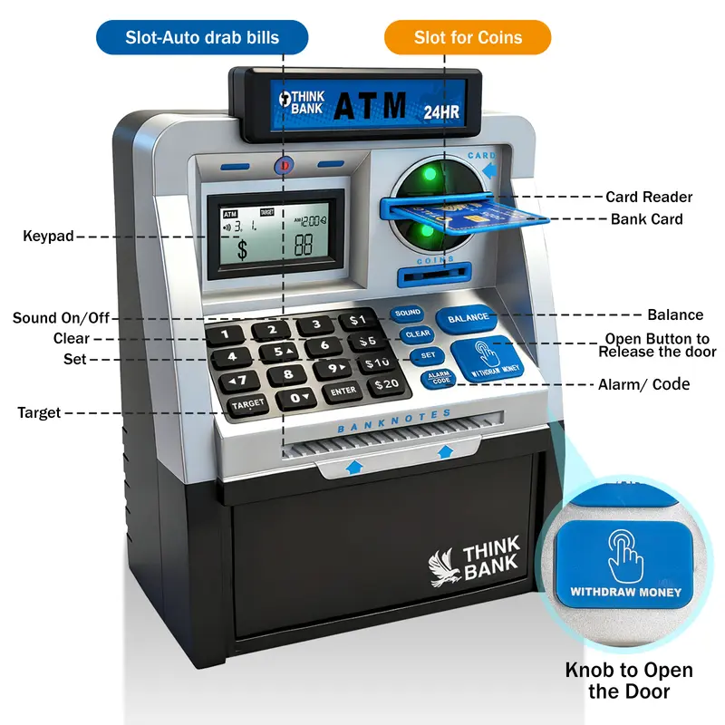 Talgic Kids Piggy Bank ATM Toy, a fun, interactive way to teach kids about money savings. With a realistic ATM keypad, password security, and the ability to save both coins and bills, it’s perfect for birthdays, holidays