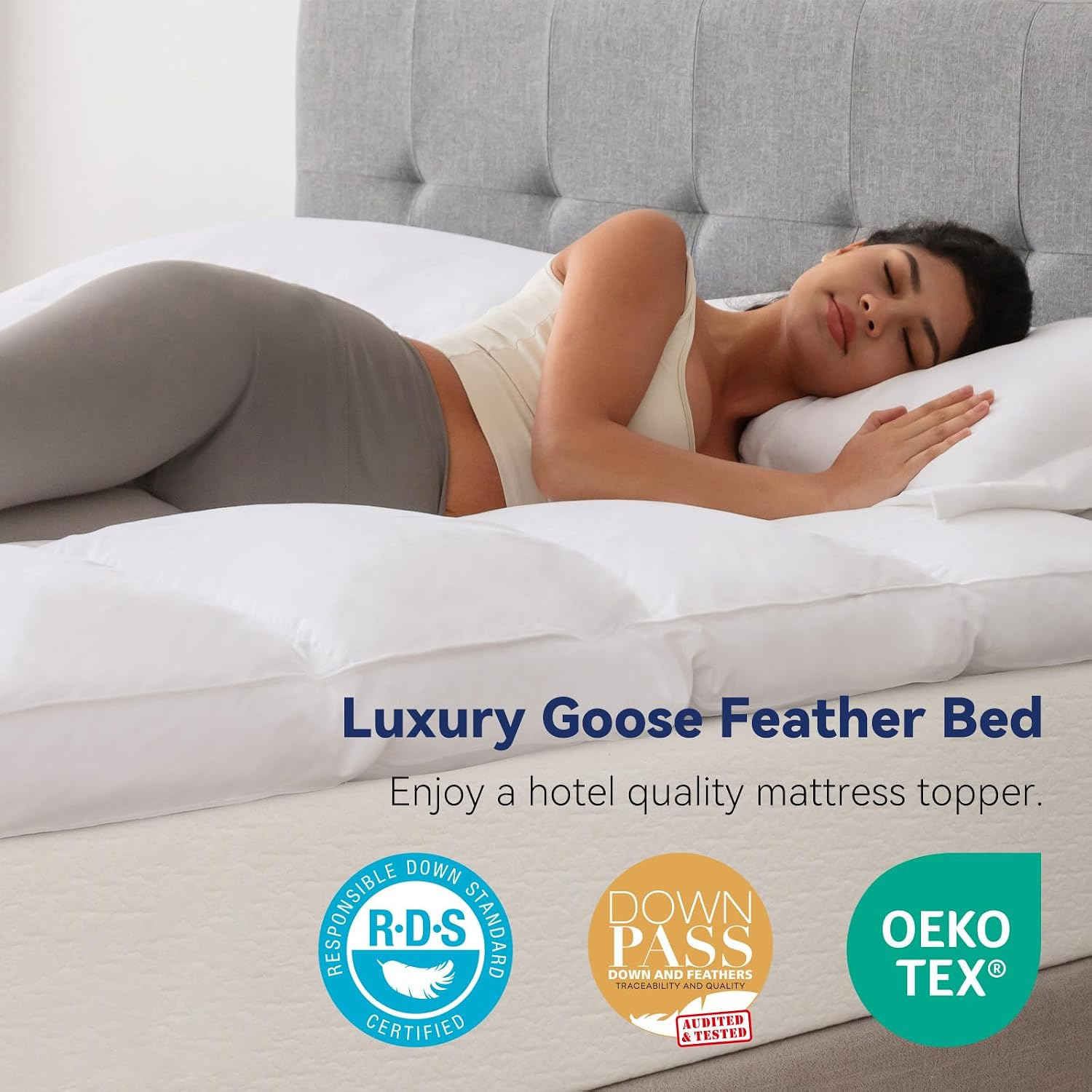 NLFZEK 3" Goose Feather Mattress Topper – Extra Thick Plush Pillow Top, 100% Cotton Cover, Anti-Slip Straps