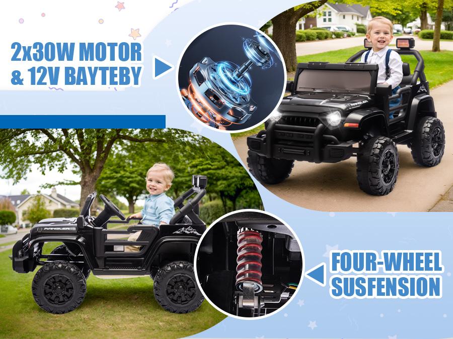 12V Kids Ride On Electric Car W/Parents Control,Dual drive, Four-wheel Suspension,With music,Bluetooth,MP3,USB,with headlights, steering wheel quick release,Slow start for Kids Aged 2-4. Outdoorfun