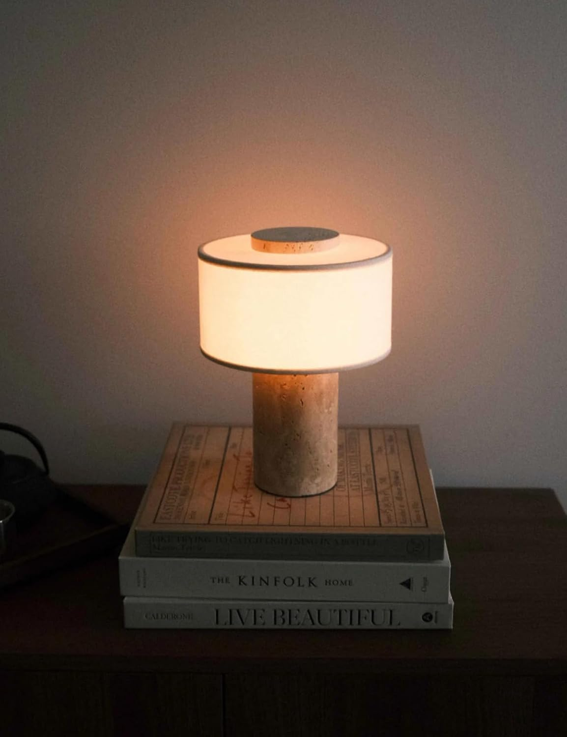 NLFZEK Natural Travertine Table Lamp – Sculptural Stone Light, 3-Color LED for Bedroom & Living Room