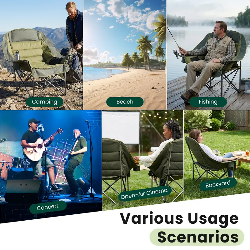 Comfort Folding Camping Chair, 440LBS Heavy Duty Reinforced Steel Frame, Padded 600D Oxford Chair with Cup Holders & Side Pockets, Foldable Carry Bag for Glamping Concerts Picnic