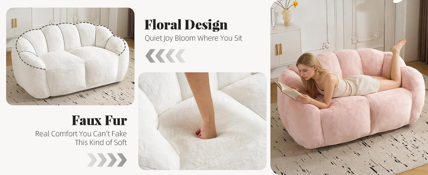 MOJAY Pre-Assembled Oversized Ultra-Soft Faux Fur Bean Bag Chair - Durable Upholstered Floor Lounger with Supportive Petal Back for Bedroom, Living Room