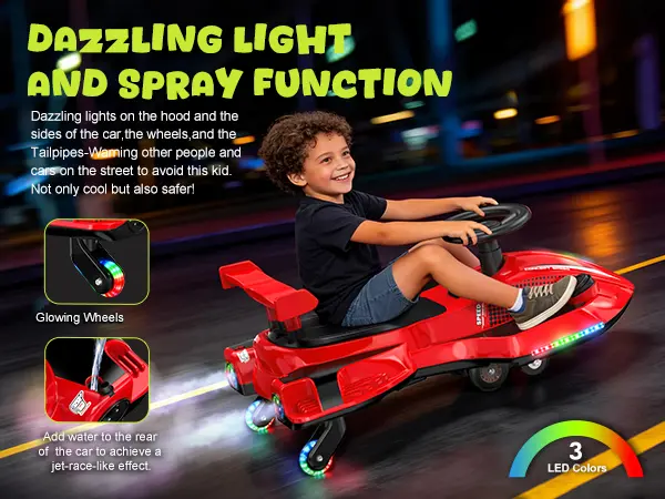 Akeleo 12V 2-in-1 Electric Wiggle Car for Kids | 360° Drift Ride-On with Pedals, LED Flashing Wheels, Bluetooth Music & Mist Spray, Ages 3+