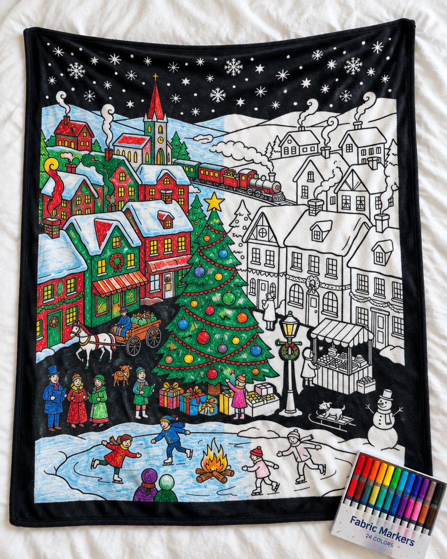 Christmas Coloring Blanket | Soft Fleece Throw with Fabric Markers