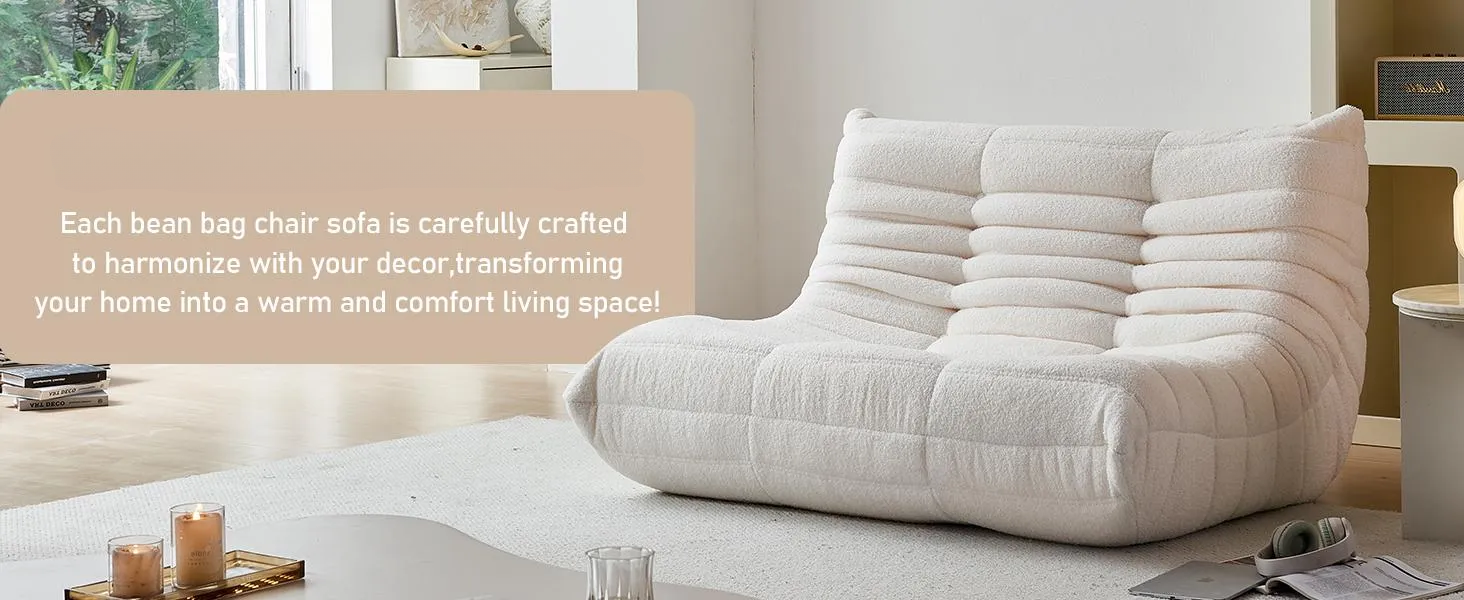 Togo Sofa for Adults 1/2/3 Seater Bean Bag Chair Sofa, Ergonomic High Density Memory Foam, Ultra Soft Teddy Fleece Fabric, Anti Slip Bottom, No Assembly Required, Modern Decor Fireside Lounger for Living Room Bedroom Office, Summer Deal