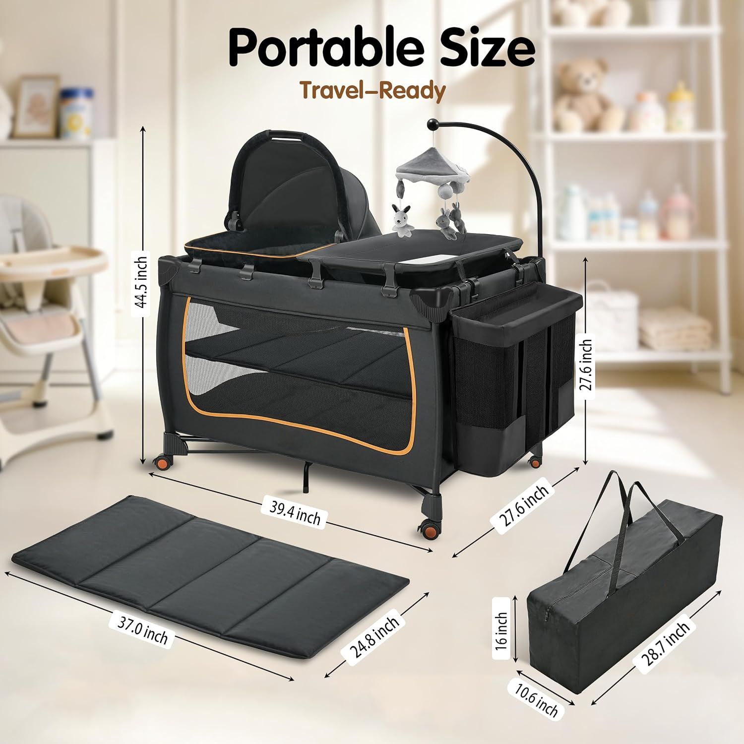 NLFZEK 6-in-1 Baby Playard | Portable Crib with Bassinet, Changing Table & Toy Bar