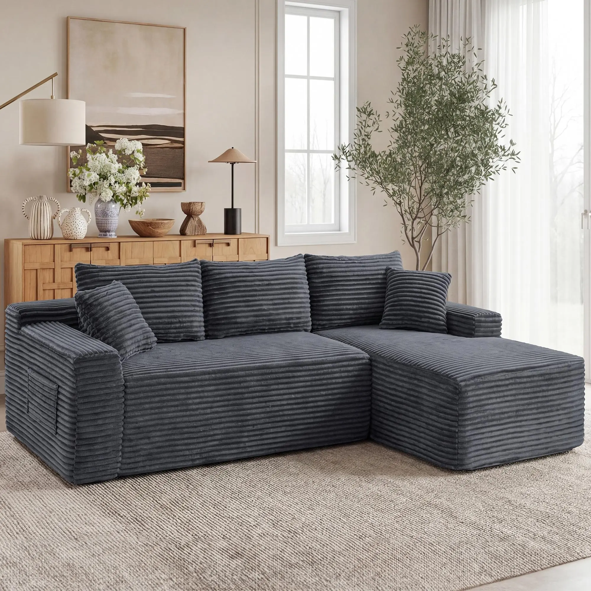 Cloud Modular Sectional Sofa with Reversible Chaise | Deep Seat Corduroy Couch, No Assembly