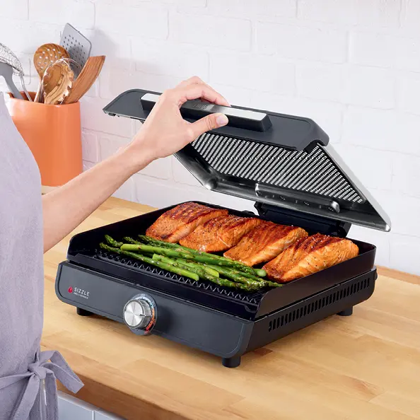Smokeless Indoor Grill, 14'' Nonstick Grill Plate, Dishwasher-Safe Removable Mesh Lid, 500F Max Heat, Even Edge-to-Edge Cooking
