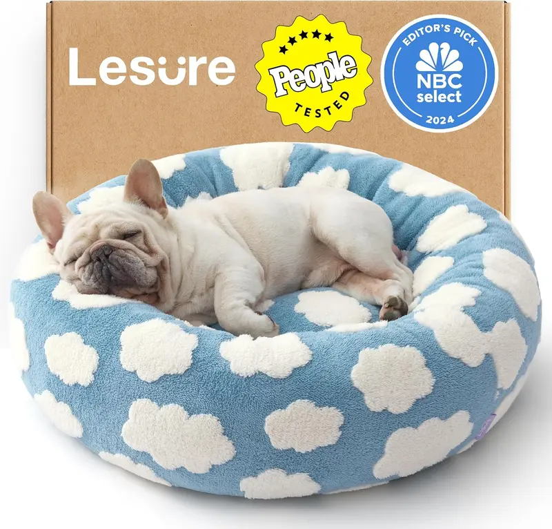 Lesure Soft Donut Bed – Fluffy Calming Pet Bed for Dogs & Cats, Washable Round Plush Bed with Anti-Slip Bottom