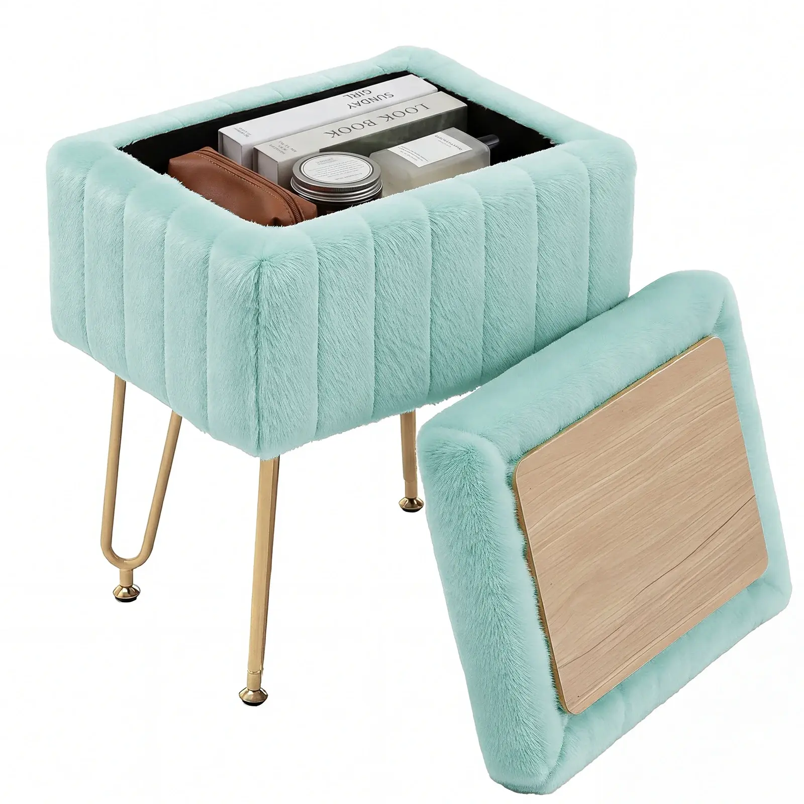 Faux Fur Vanity Stool with Hidden Storage | Modern Ottoman Seat with Gold Legs