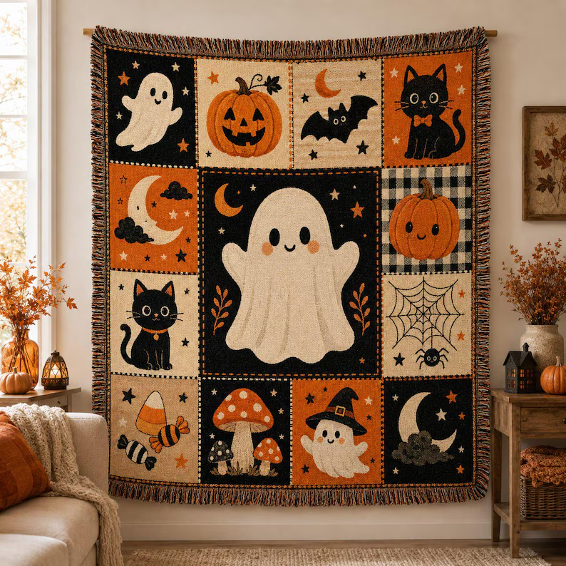 Halloween 100% Cotton Woven Blanket – Vintage Spooky Throw, Retro Halloween Decor for Fall & Cozy Nights