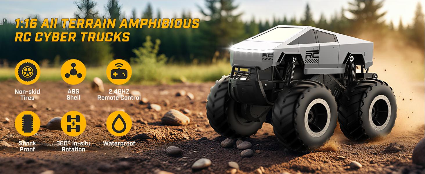 1:16 RC Off-Road Pickup Truck, 4WD Amphibious Remote Control Car with LED Lights, Rechargeable Battery &ndash; Gift for Kids 6&ndash;12+