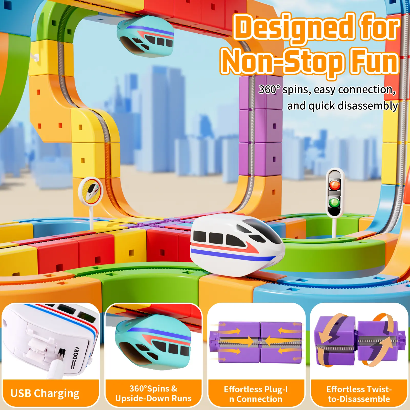 Electric Train Set Flexible Race Track Rail Toys, Building Toy Train Track Gravity-Defying 3D Embedded Layouts & Motorized Car, STEM Learning Gift