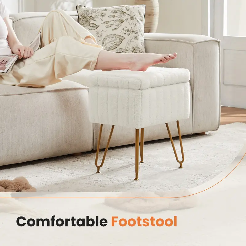 Faux Fur Vanity Stool with Hidden Storage | Modern Ottoman Seat with Gold Legs