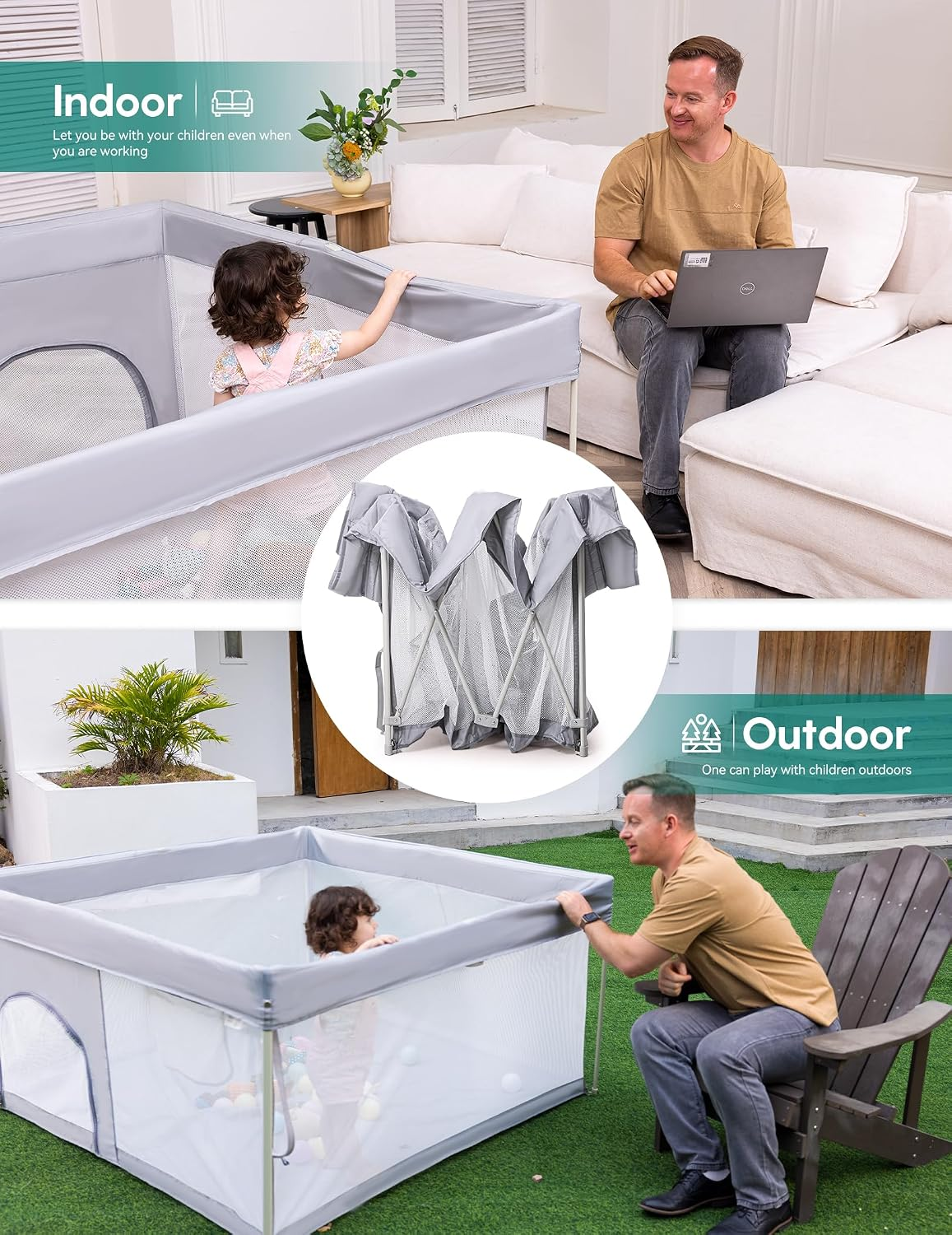 NLFZEK Foldable Baby Playpen | Portable Play Yard with Breathable Mesh, Zipper Door & Play Mat