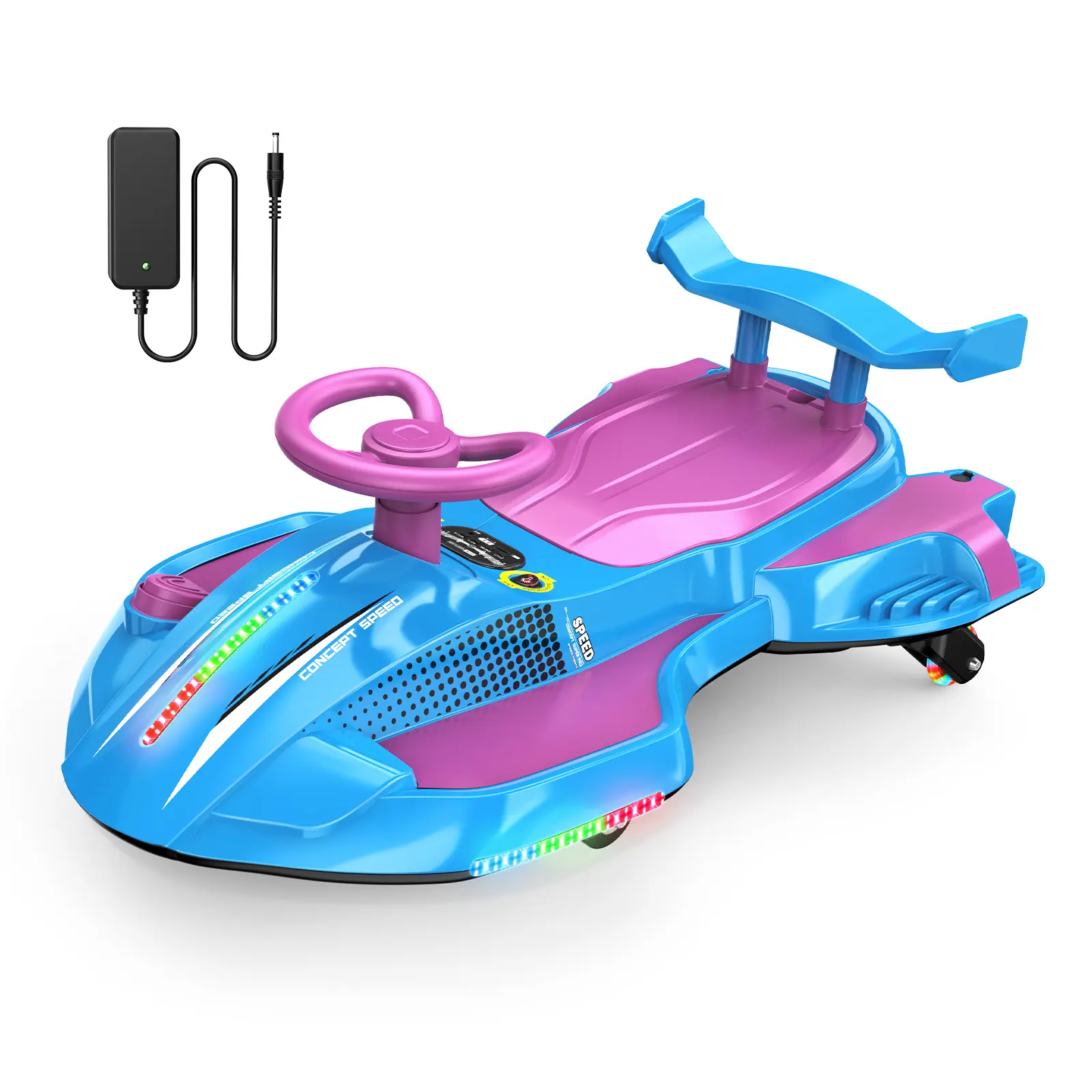 Akeleo 12V 2-in-1 Electric Wiggle Car for Kids | 360° Drift Ride-On with Pedals, LED Flashing Wheels, Bluetooth Music & Mist Spray, Ages 3+