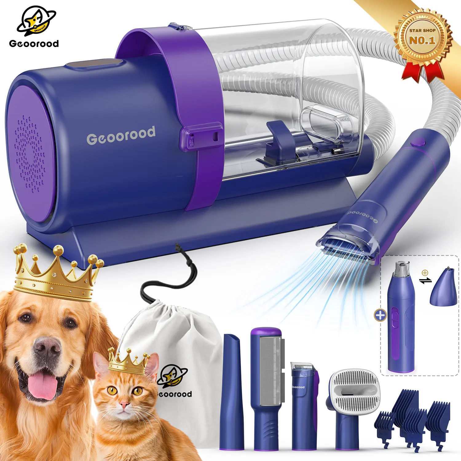 Geoorood Dog Grooming Vacuum Kit | 4-in-1 & 6-in-1 Pet Grooming Kit with Powerful Suction, Low Noise & Large Dust Bin