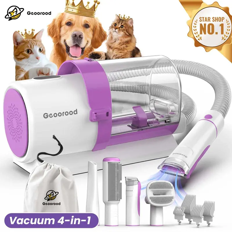Geoorood Dog Grooming Vacuum Kit | 4-in-1 & 6-in-1 Pet Grooming Kit with Powerful Suction, Low Noise & Large Dust Bin