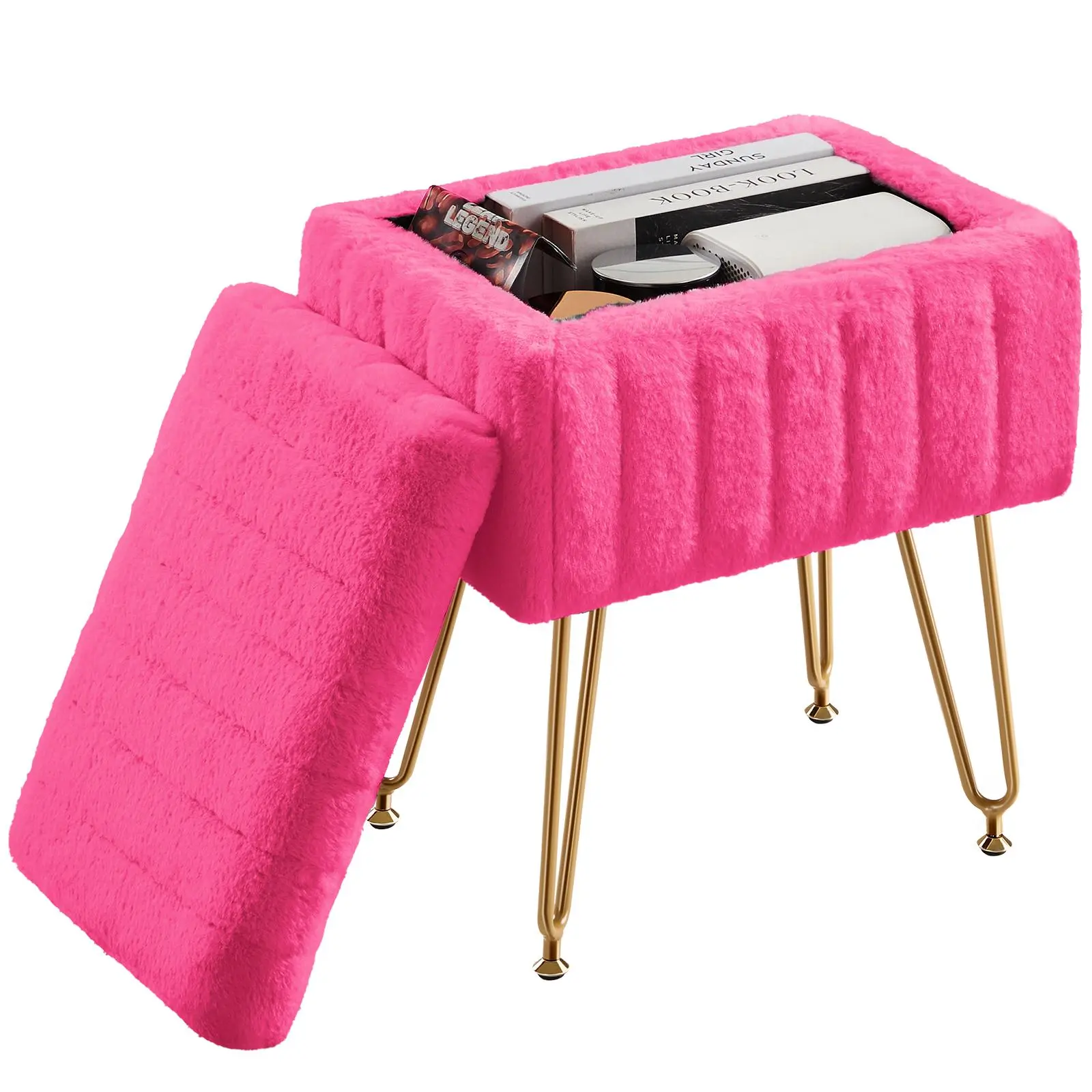 Faux Fur Vanity Stool with Hidden Storage | Modern Ottoman Seat with Gold Legs
