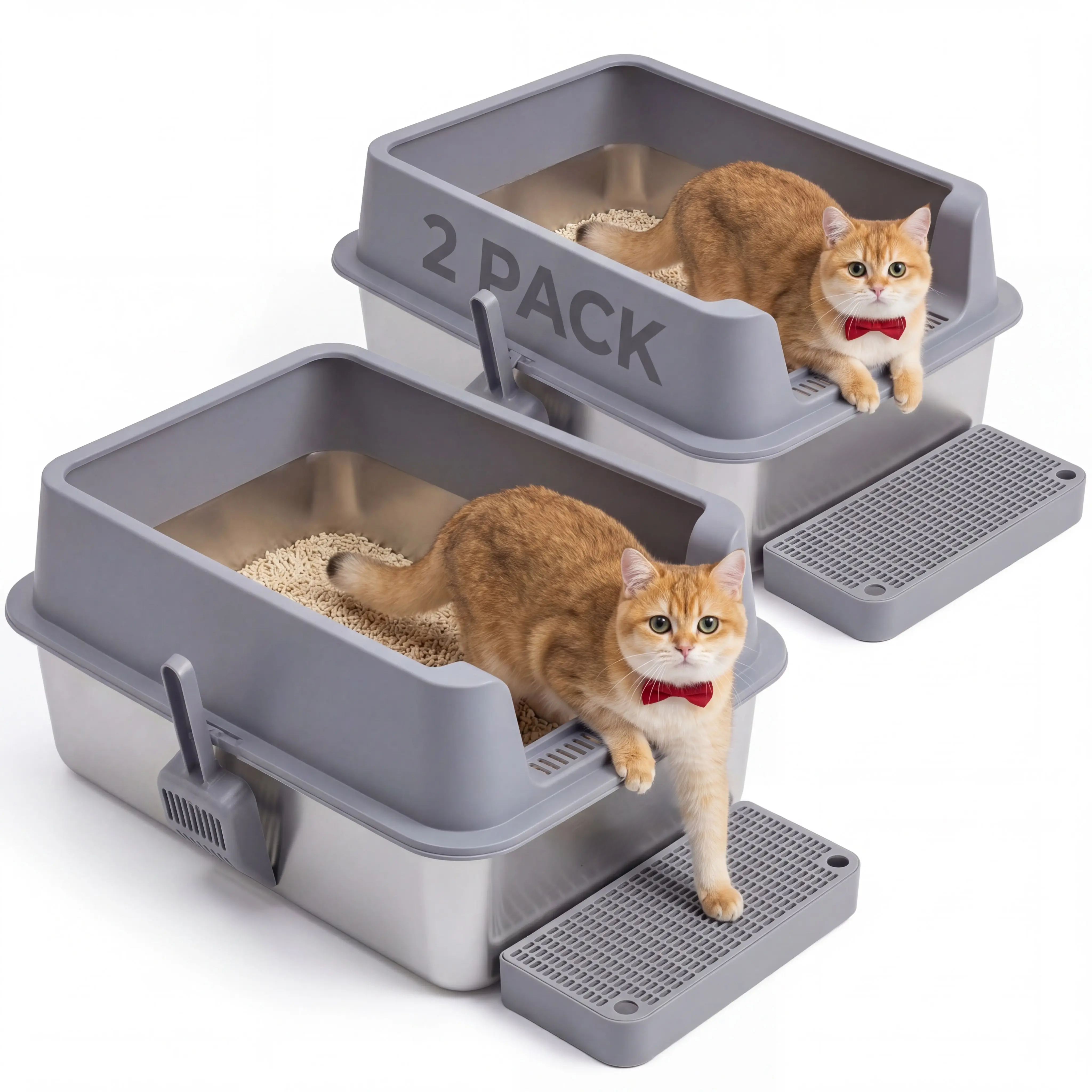 2 Pack Stainless Steel Cat Litter Box | Extra Large High-Wall Metal Litter Pan with Scoop, Easy Clean Design for Multi-Cat Homes