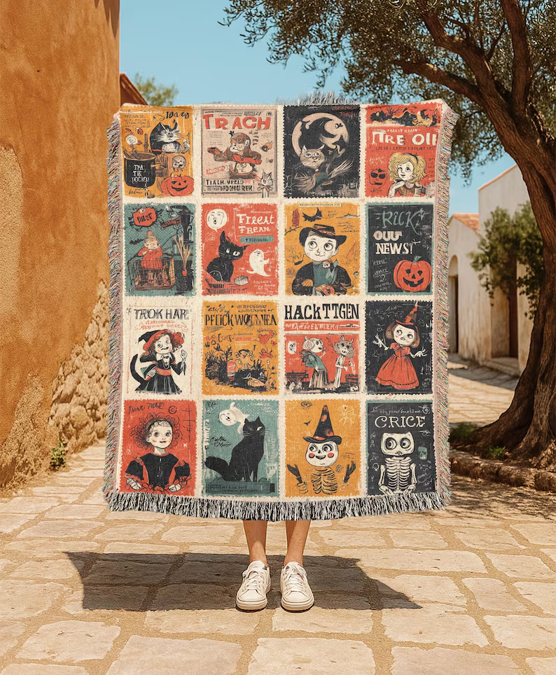 Halloween 100% Cotton Woven Blanket – Vintage Spooky Throw, Retro Halloween Decor for Fall & Cozy Nights