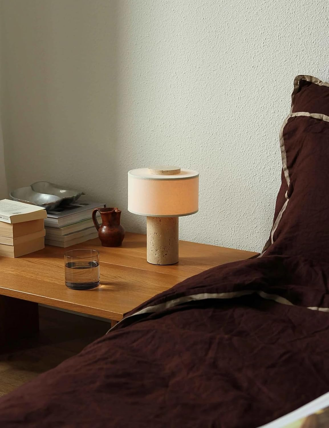 NLFZEK Natural Travertine Table Lamp – Sculptural Stone Light, 3-Color LED for Bedroom & Living Room