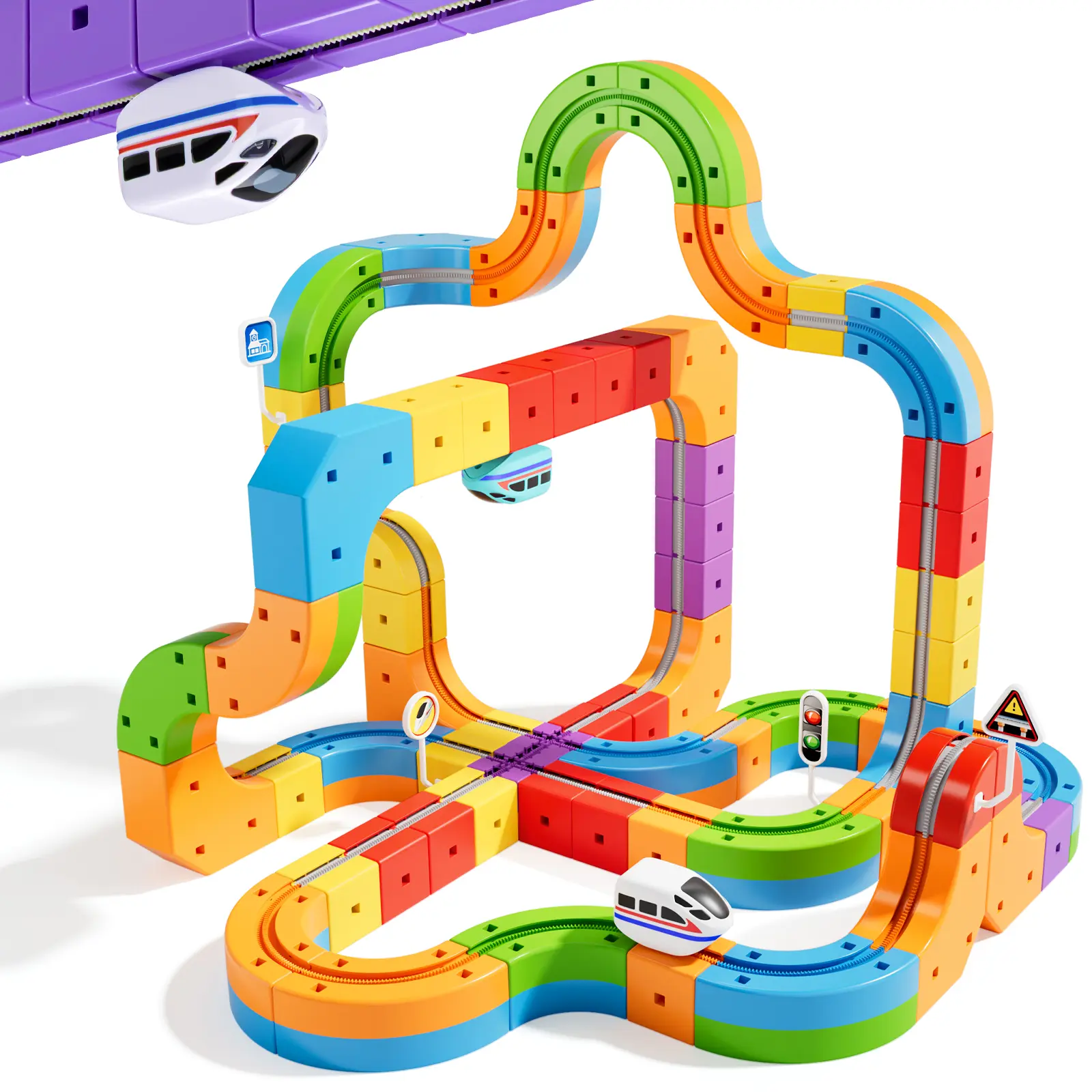 Electric Train Set Flexible Race Track Rail Toys, Building Toy Train Track Gravity-Defying 3D Embedded Layouts & Motorized Car, STEM Learning Gift
