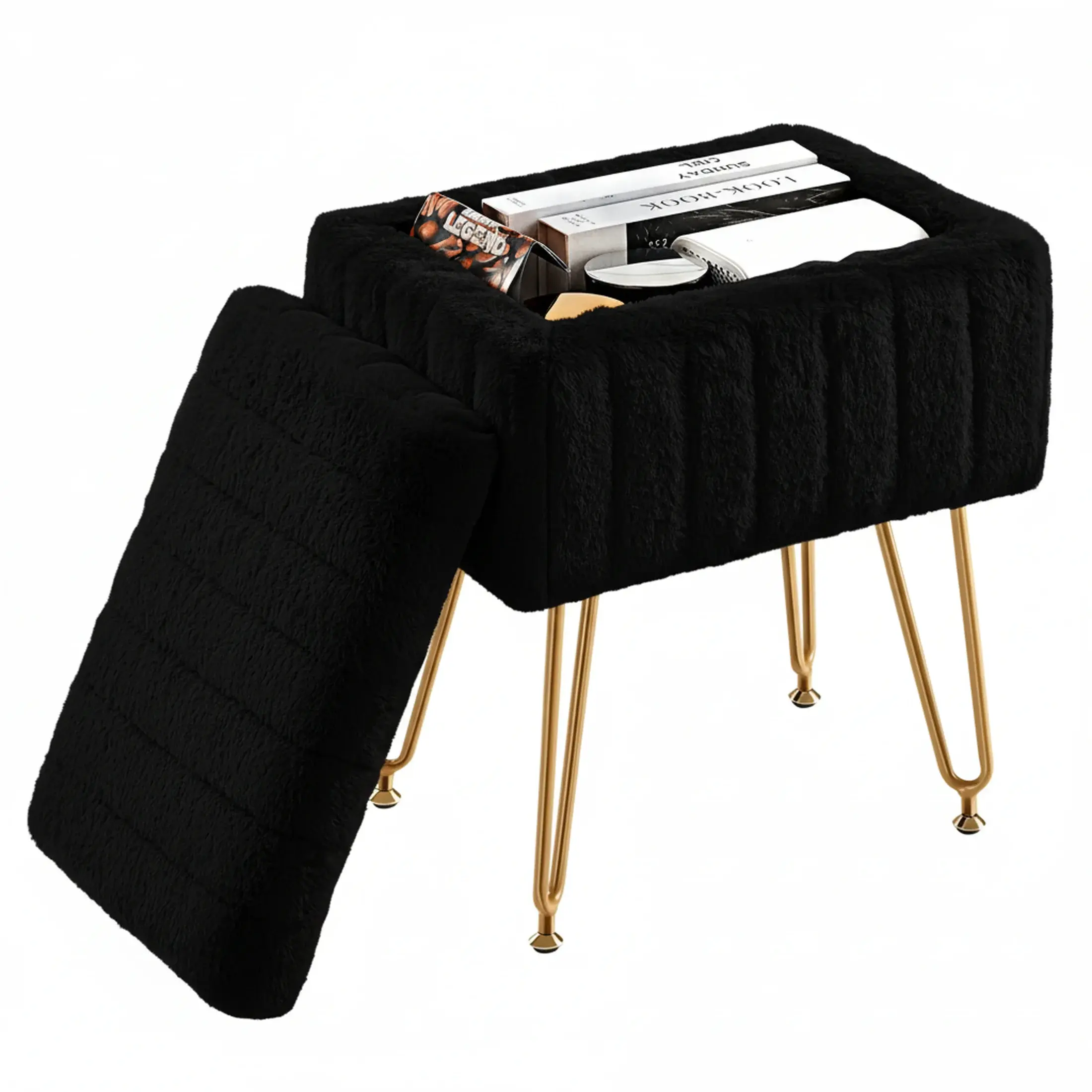 Faux Fur Vanity Stool with Hidden Storage | Modern Ottoman Seat with Gold Legs