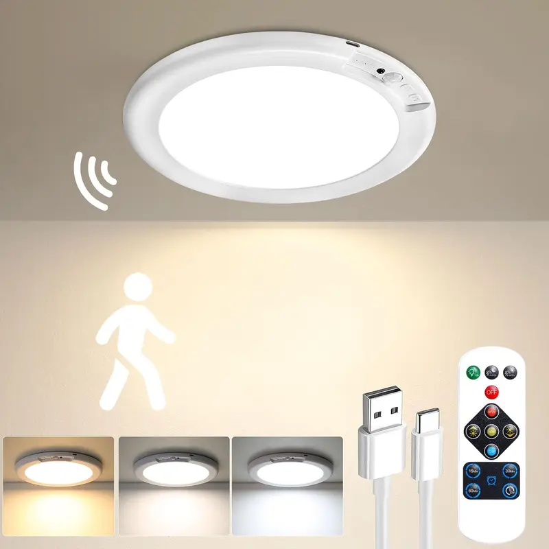 Rechargeable Motion Sensor Ceiling Light with Remote, Magnetic Drill-Free Wireless LED Light, 10000mAh Battery 3 Color Temp for Closet Stairs Porch Shed