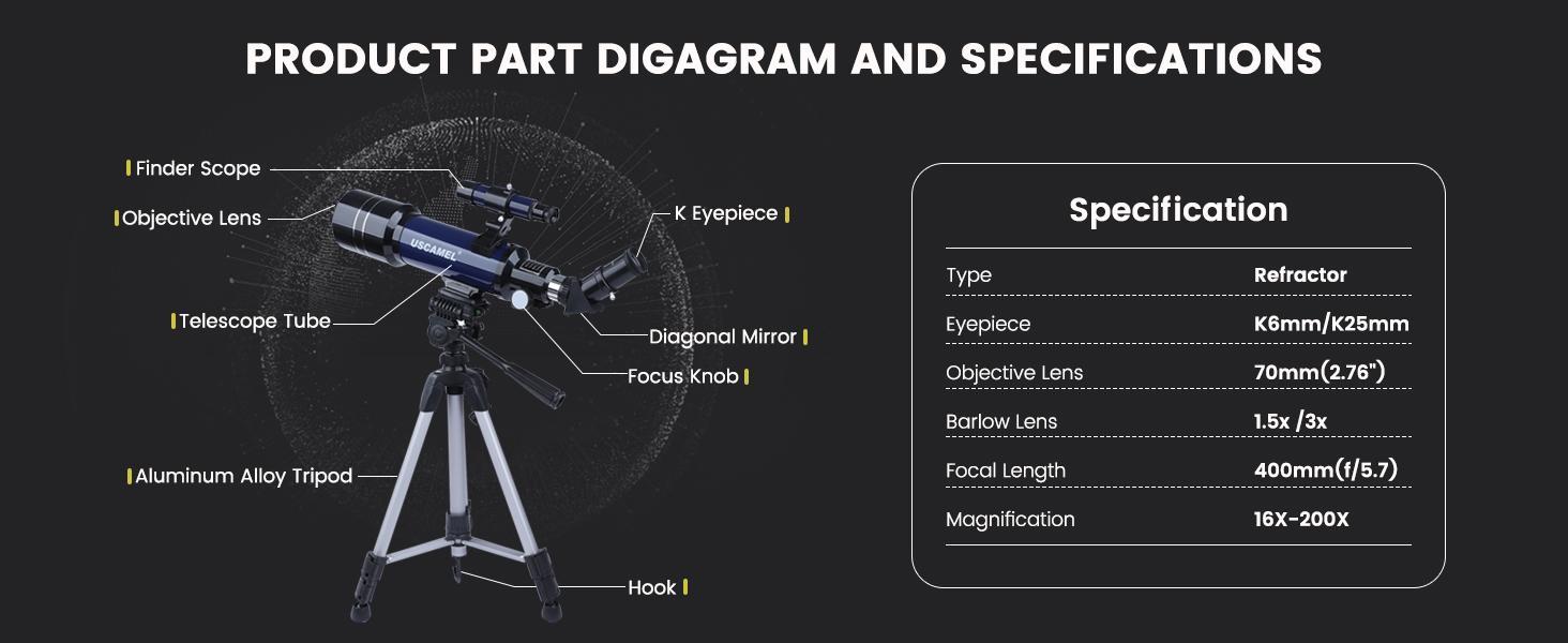 Telescopes for Astronomy Adults 70mm Aperture 400mm Focal Length Refractor Telescope for Beginners Kids Portable with Backpack Tripod Phone Adapter Digital Microscope Lcd Digital Microscope Visual Learning Tools Classroom Supplies