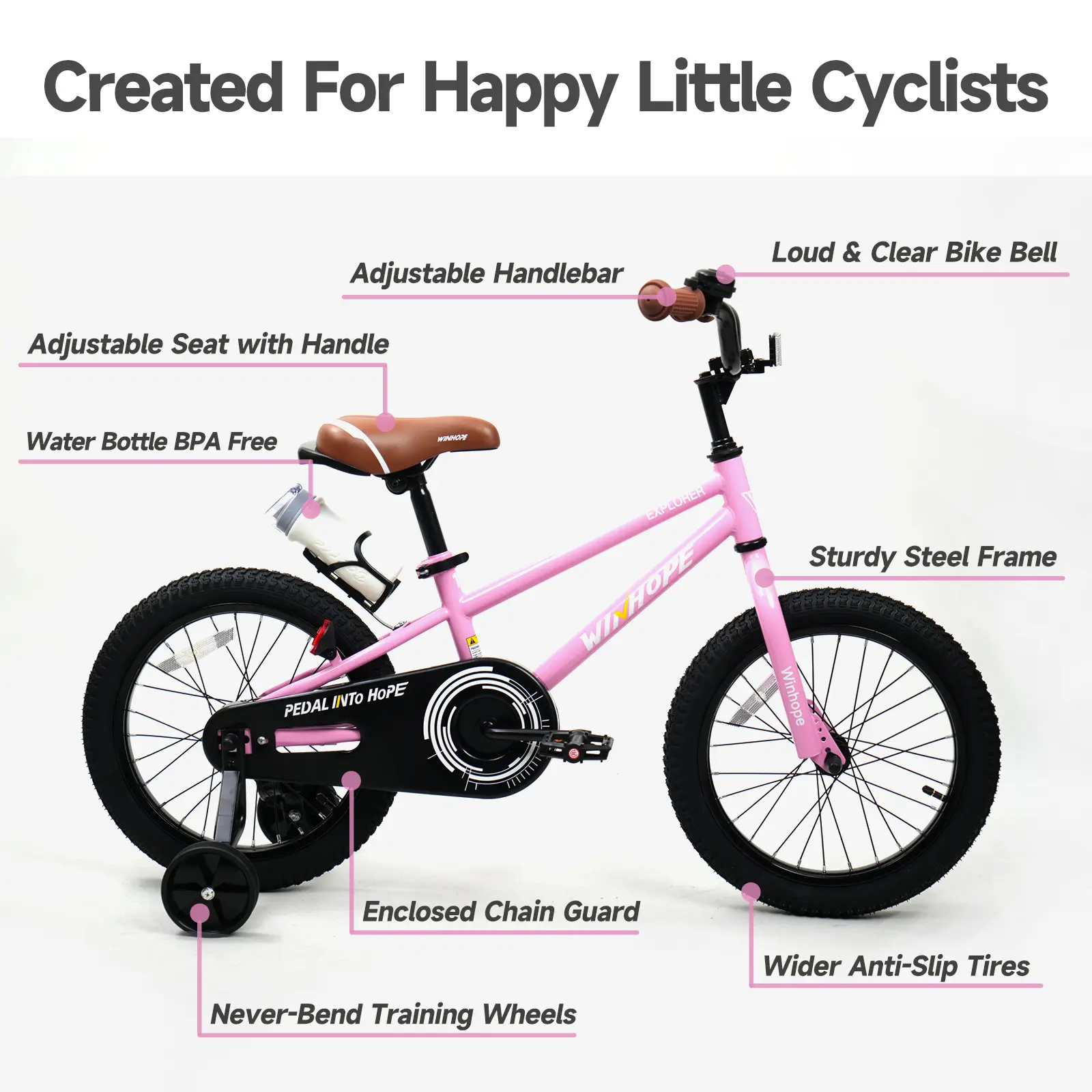 WINHOPE Explorer Kids Bike 12–18 Inch | Adjustable Bicycle with Training Wheels & Front/Rear Brakes