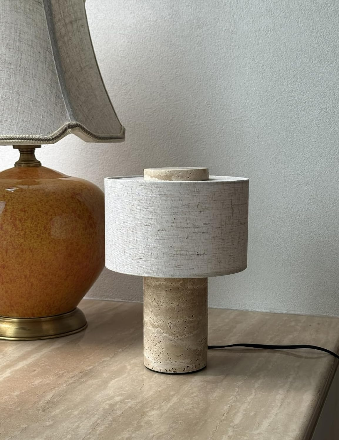 NLFZEK Natural Travertine Table Lamp – Sculptural Stone Light, 3-Color LED for Bedroom & Living Room
