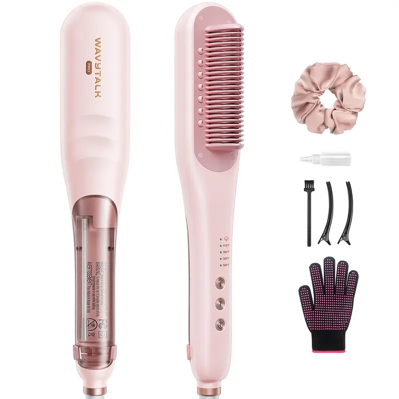 Wavytalk Steamline Pro Steam Hair Straightener Brush | Fast Anti-Frizz Styling with Heat Glove & Scrunchie