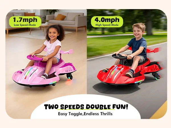 Akeleo 12V 2-in-1 Electric Wiggle Car for Kids | 360° Drift Ride-On with Pedals, LED Flashing Wheels, Bluetooth Music & Mist Spray, Ages 3+