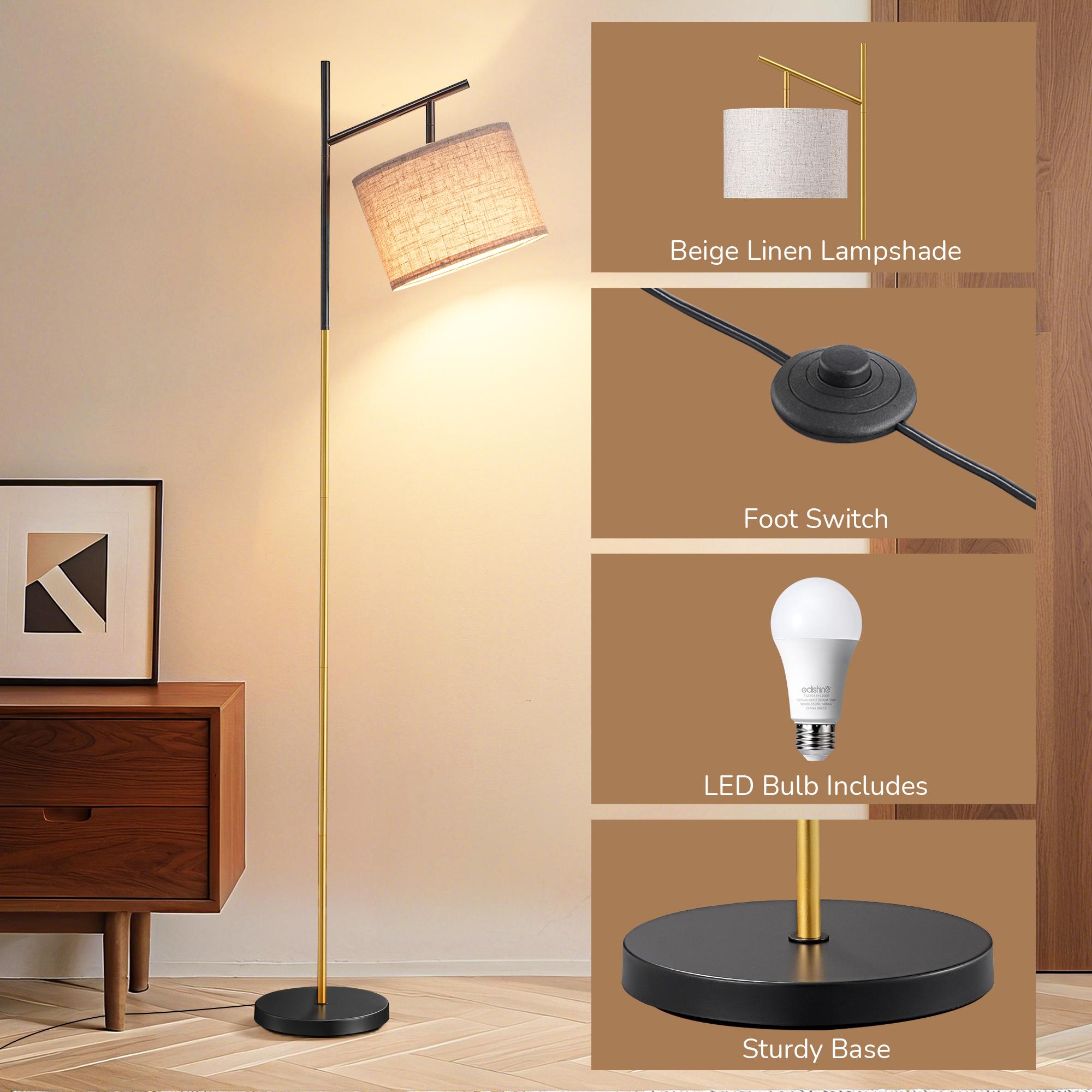 EDISHINE Modern Floor Lamps for Living Room, 64.7" Minimalist Standing Lamp with 3 Color Temperatures Bulb & Adjustable Linen Shade, Foot Pedal Switch, Arc Tall Lamp for Bedroom Office, Black,summerwins,father'sdaygifts,campingessentials,campinggear