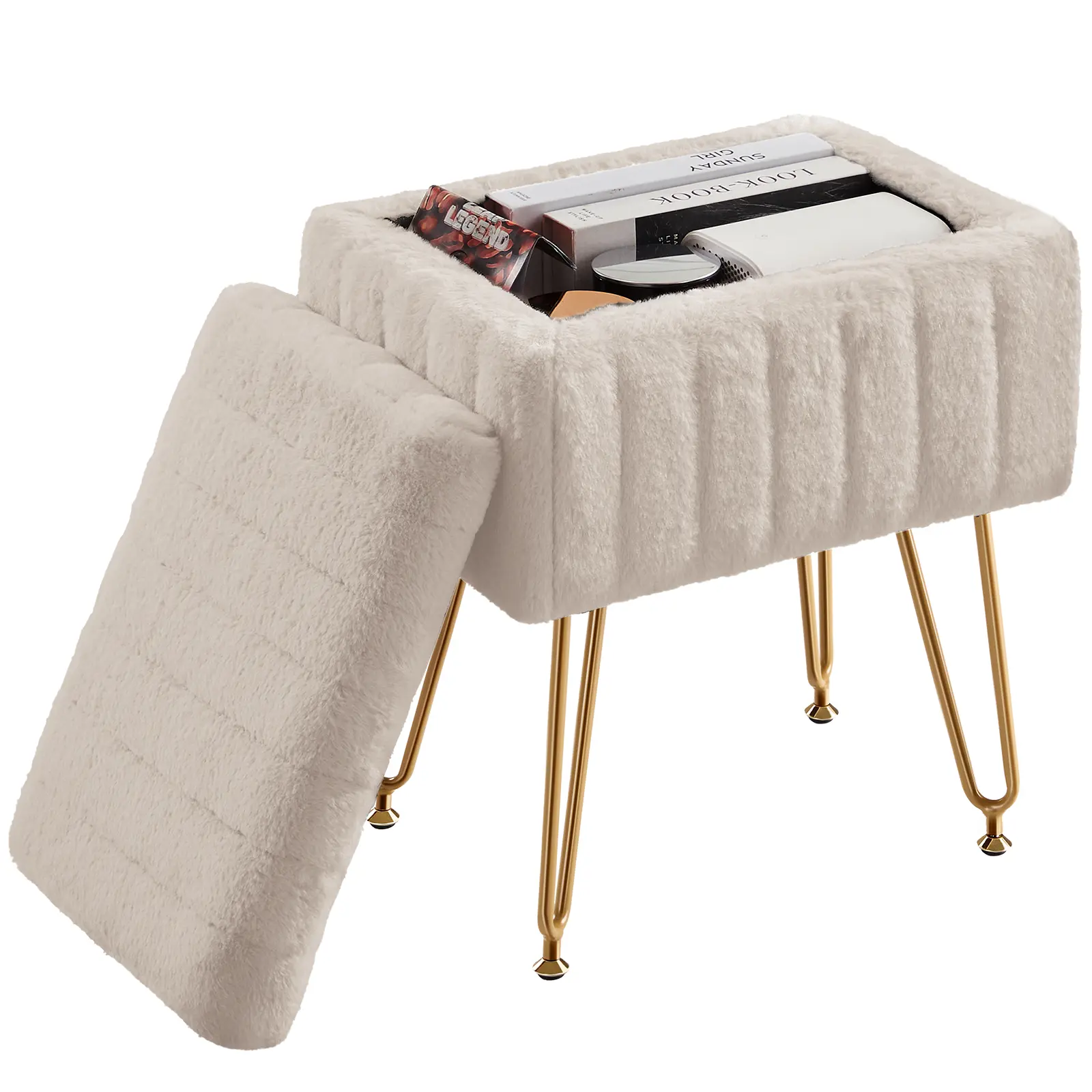 Faux Fur Vanity Stool with Hidden Storage | Modern Ottoman Seat with Gold Legs