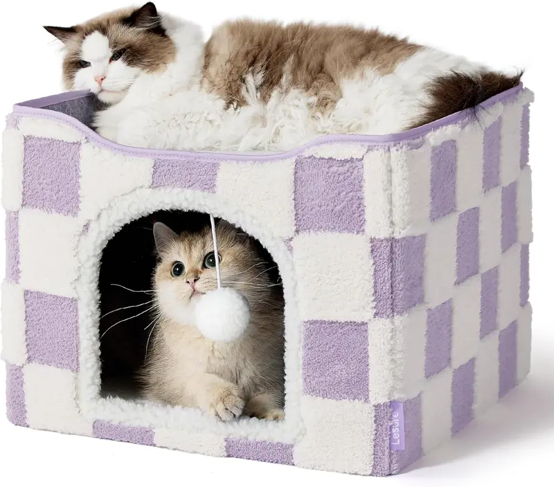 Lesure Indoor Cat Cave Bed, Foldable Cat House with Plush Cushion & Hanging Ball, Cozy Cat Cube Hideaway for Indoor Cats & Small Pets