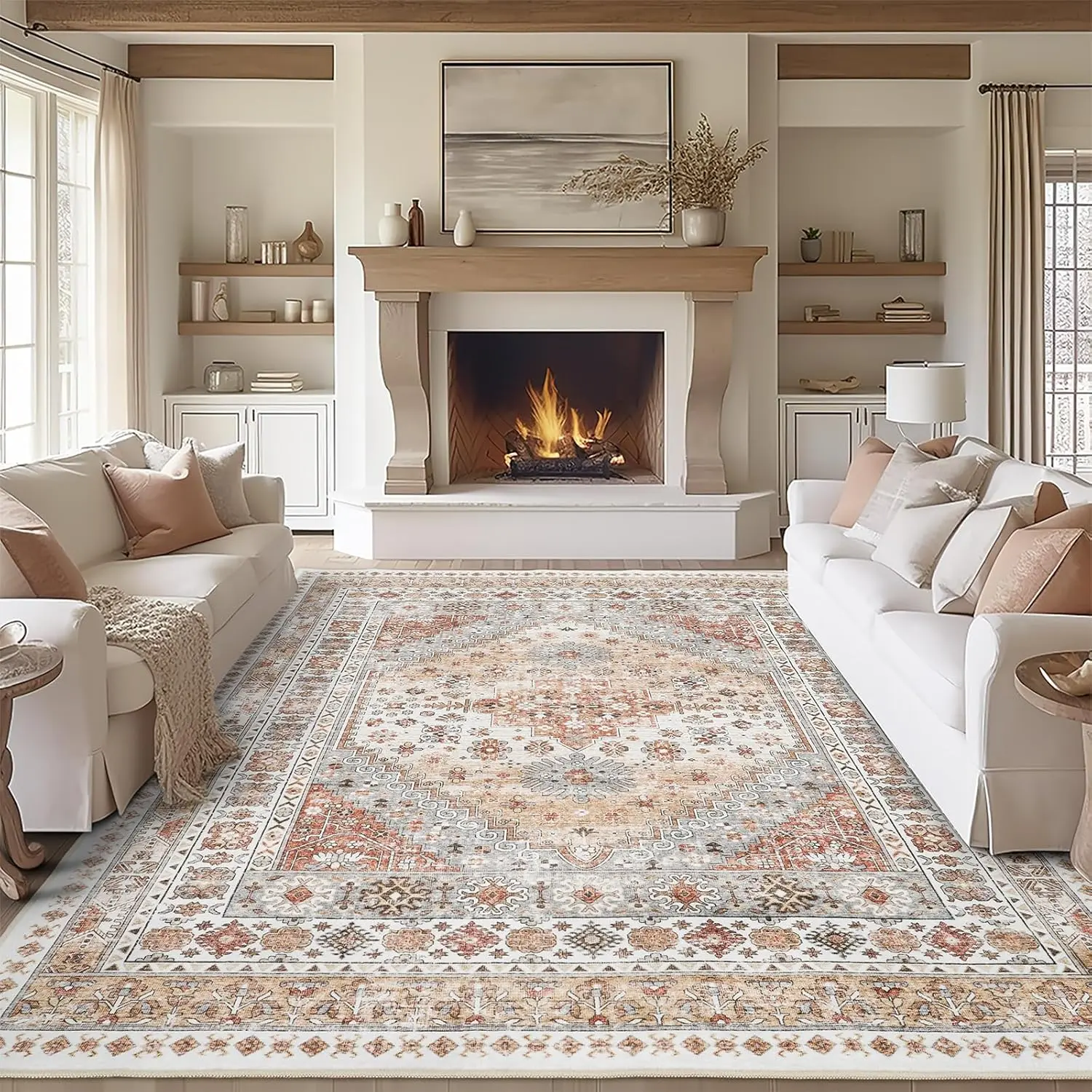 Modern Geometric Washable Rug | Soft Low Pile Area Carpet for Cozy Living Room & Bedroom Makeover
