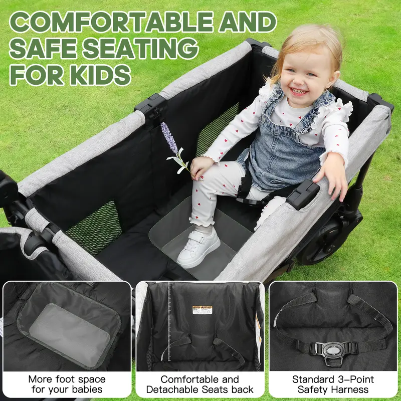 All-Terrain Stroller Wagon for 2 Kids – Foldable Double Wagon with Canopy, Mosquito Net & Large Storage