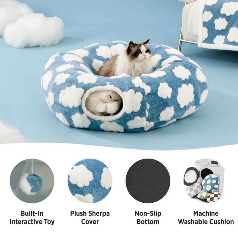 Lesure 2-in-1 Cat Tunnel Bed | Plush Washable Cat Cave & Play Tunnel
