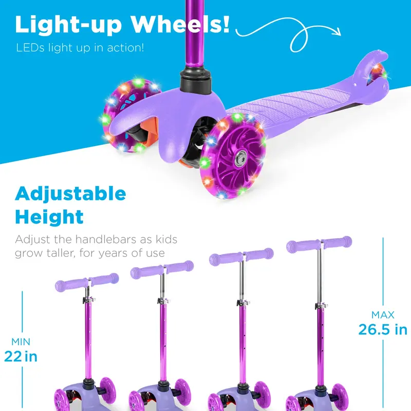 Best Choice Kids 3-Wheel Kick Scooter, Height Adjustable T-Bar, LED Light-Up Wheels Foldable Scooter for Ages 3+