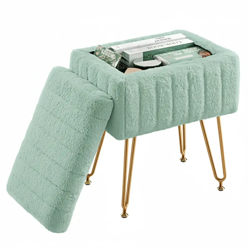 Faux Fur Vanity Stool with Hidden Storage | Modern Ottoman Seat with Gold Legs