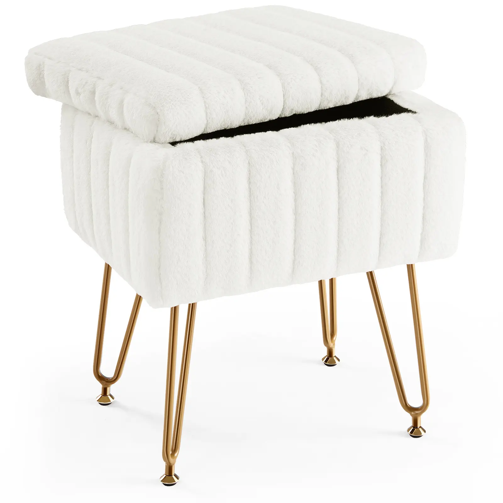 Faux Fur Vanity Stool with Hidden Storage | Modern Ottoman Seat with Gold Legs