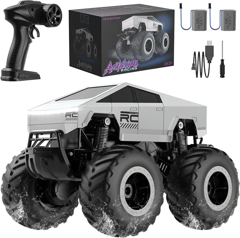 1:16 RC Off-Road Pickup Truck, 4WD Amphibious Remote Control Car with LED Lights, Rechargeable Battery – The craziest summer gifts