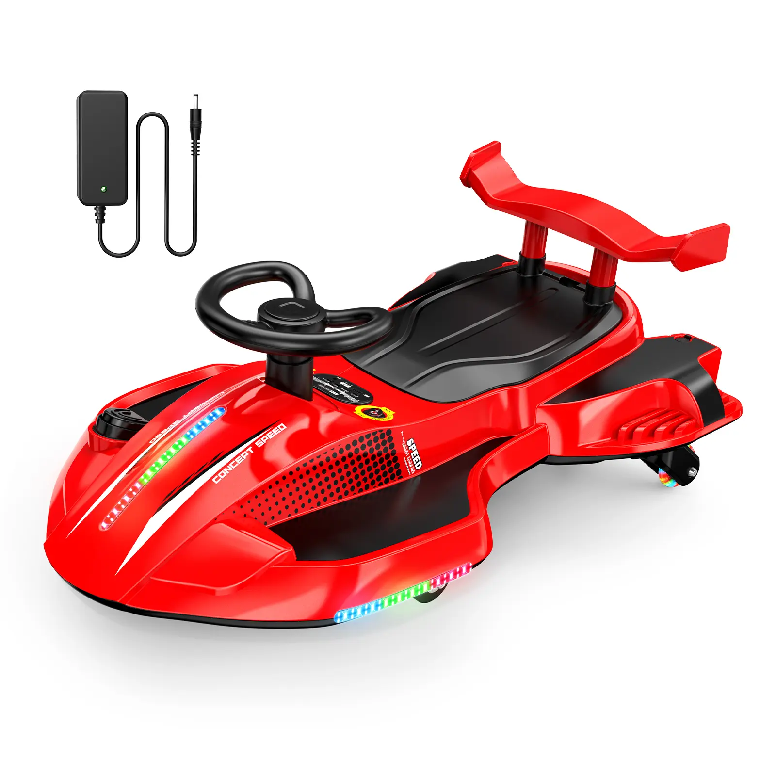 Akeleo 12V 2-in-1 Electric Wiggle Car for Kids | 360° Drift Ride-On with Pedals, LED Flashing Wheels, Bluetooth Music & Mist Spray, Ages 3+