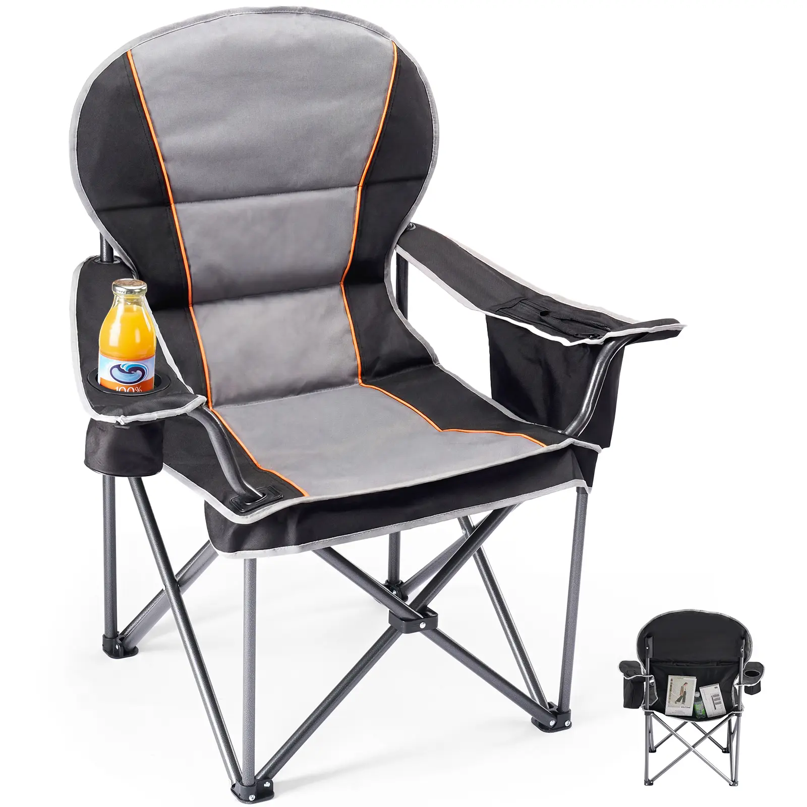 Comfort Folding Camping Chair, 440LBS Heavy Duty Reinforced Steel Frame, Padded 600D Oxford Chair with Cup Holders & Side Pockets, Foldable Carry Bag for Glamping Concerts Picnic