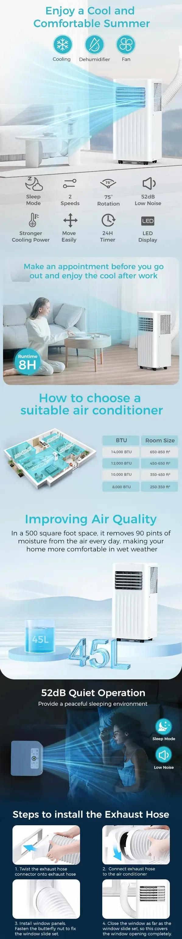 COWSAR【Deals For You Days】8000-10000 BTU EasyCool Portable Air Conditioner &ndash; Indoor Room Home Comfort Gear, Cools 350 Sq.Ft, Remote Control, LED Display, 24H Timer, Sleep Mode & Window Installation Kit, for Bedroom Office Apartment